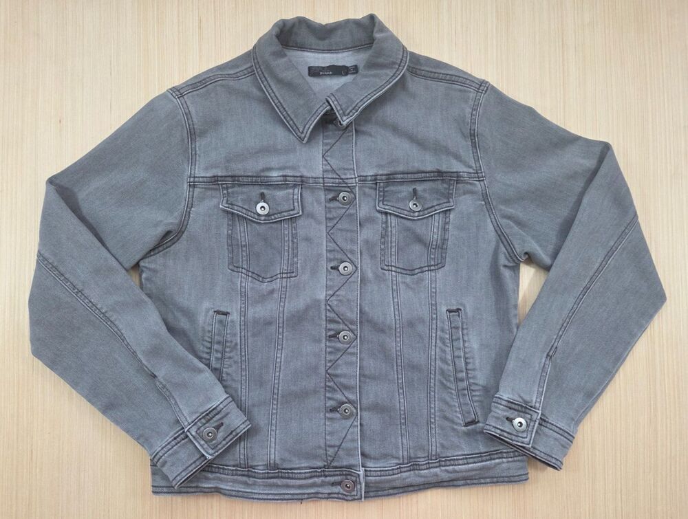 Prana Jacket Women'a Large Gray Trucker Denim Jacket Gray Stretch Button Down
